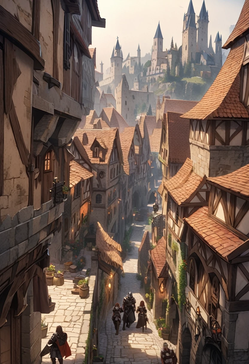 medieval fantasy setting, medieval city, thief human race Mediterranean features, brown hair wearing black armor