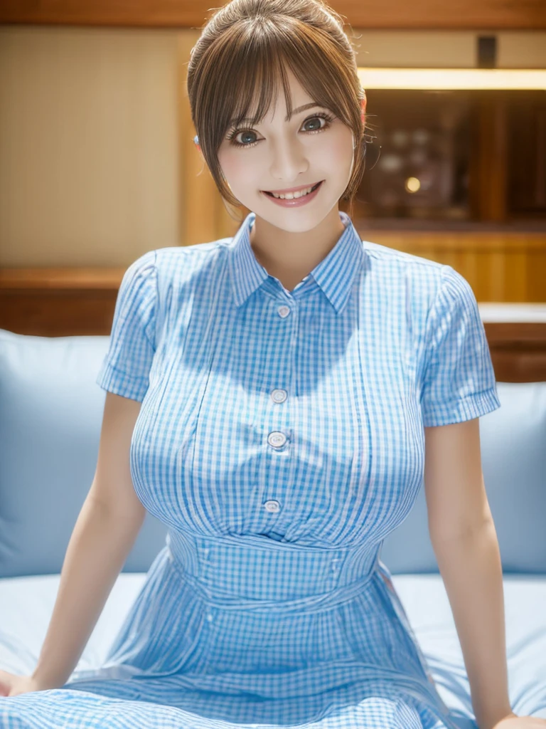 (masterpiece:1.5),(highest quality:1.5),(Highest quality:1.5),(8K:1.5),(Watching the audience),(Big Breasts:1.3),smile,(bed:1.2),Slender,Narrow waist,Beautiful and thin legs,(Gingham check light blue dress:1.2),(Family Restaurant Uniforms:1.2)