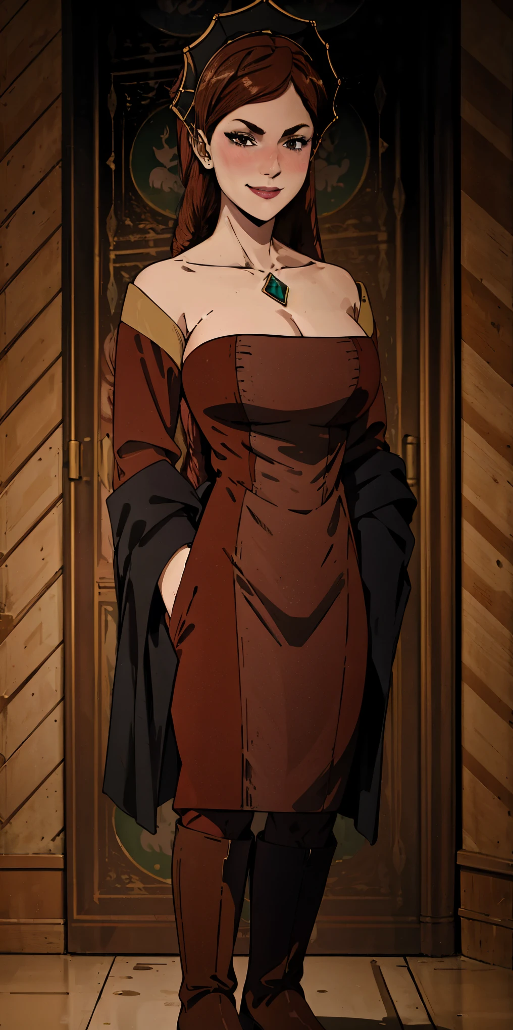 full body standing straight symmetrical, lustful smirking smile face red blush red cheeks, looking at viewer, holding tray, braid, maid headdress, maid, dress, apron, long sleeves, brown pantyhose, long leather militar boots, thighs, long white hair, masterpiece