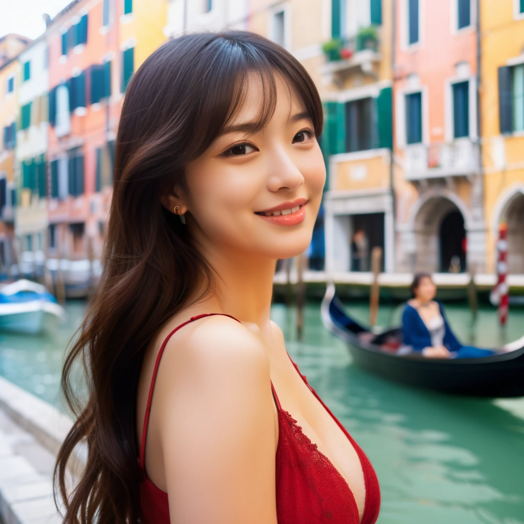 Hyperrealistic photography、highest quality, masterpiece, High definition, 16K quality, beautiful , Long hair fluttering in the wind、 明るい茶色のbeautiful目, Wear a sexy camisole, Plump and large breasts, Smile、Cute Japanese idol face:1.24, She is looking at the camera,Cleavage:1.33,Walking the streets of Venice、(Photograph the whole body:1.434),Wear red high heels