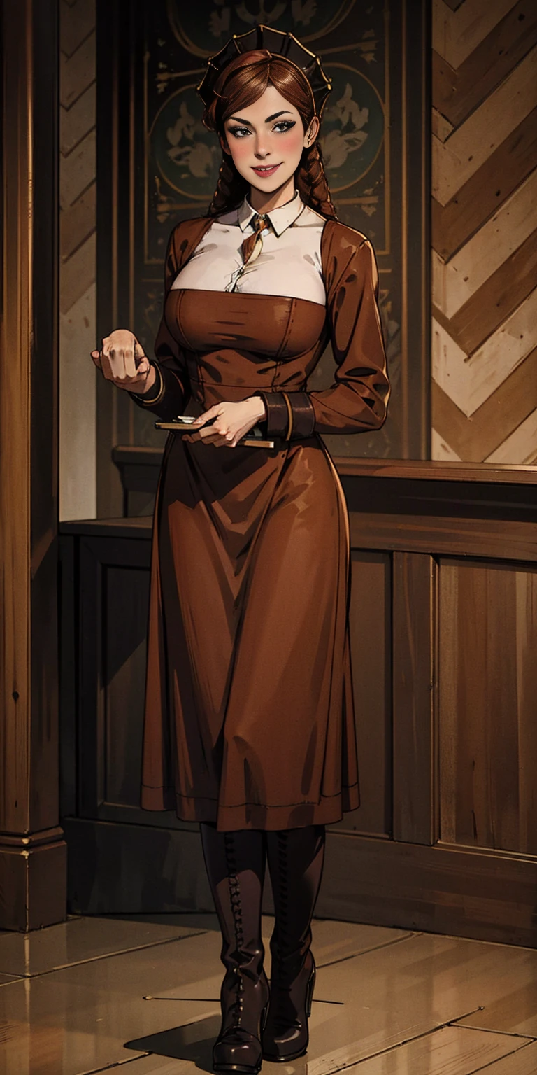 full body standing straight symmetrical, lustful smirking smile face red blush red cheeks, looking at viewer, holding tray, braid, maid headdress, maid, dress, apron, long sleeves, brown pantyhose, long leather militar boots, thighs, long white hair, masterpiece