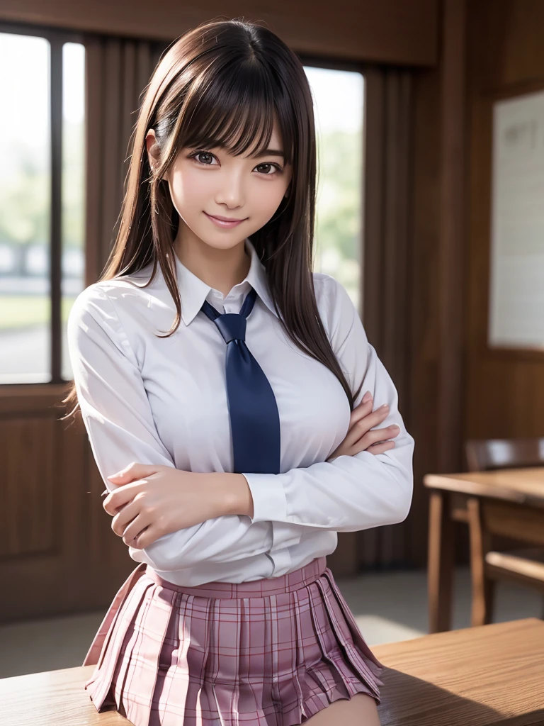 8K, highest quality, The real picture, Intricate details, Very detailed, Ultra-high resolution, Depth Field,(Realistic,Realistic:1.2),Tabletop , (Full Body Shot) , From the middle , 1 girl, eye_Chan, Very beautiful 17 year old girl, innocent big eyes,、Beautiful breasts:1.5、非常に詳細なeye:1.2)、(Beautiful breasts:1.1)、((Brown Hair))、(Semi-long hair), Asymmetrical bangs, Perfect Skin, Fair skin, Small breasts, Tight waist, alone, Staring at the audience, (smile)、((School_uniform), (White shirt、Wear a tie), (Blue and pink checkered pleated micro mini skirt), ((Fold your arms in front of your chest and act arrogantly)), ((楽しそうなsmile))