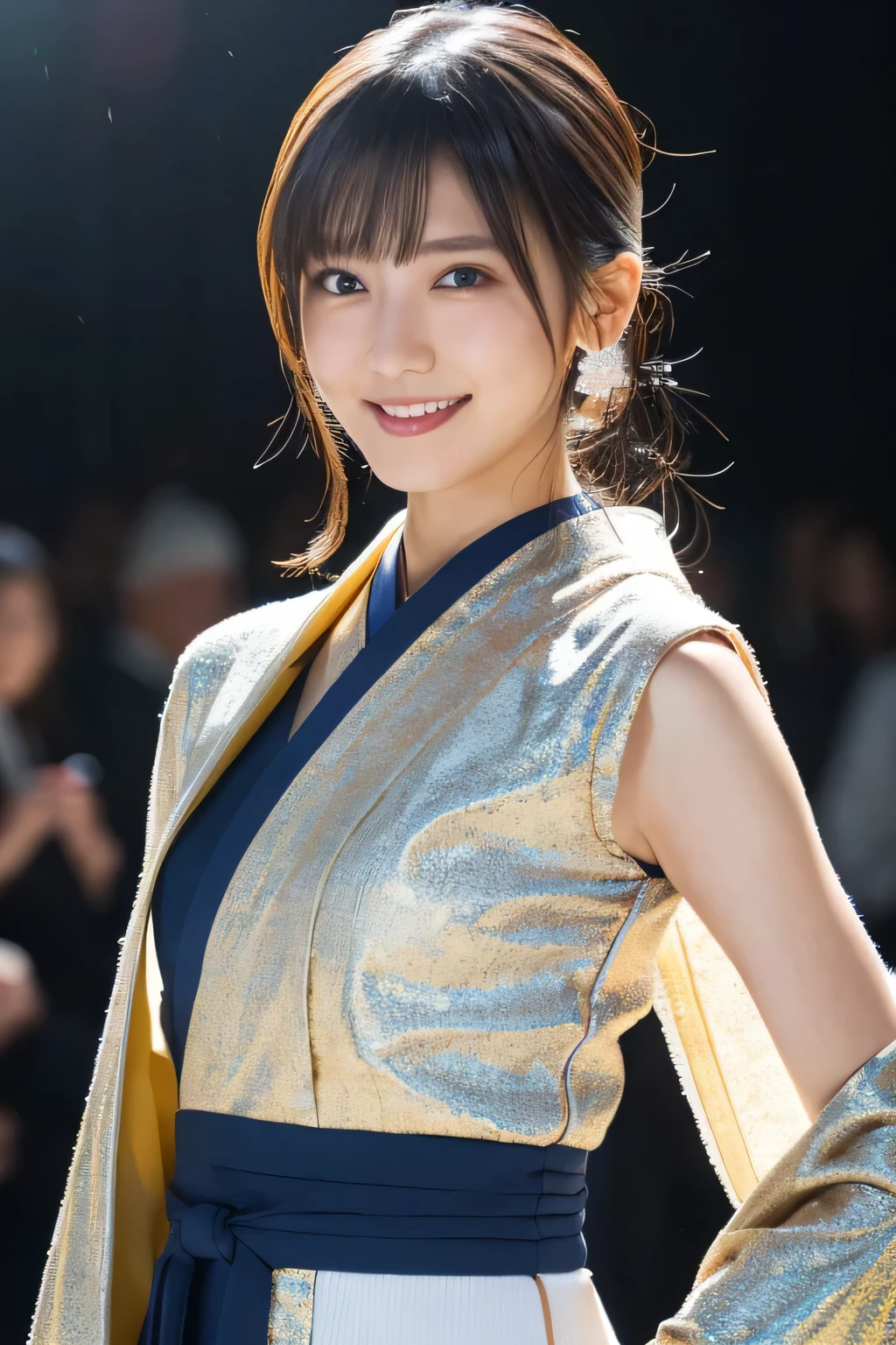 1 girl, (Wearing Japanese-style and contemporary design costumes:1.2), (Works by famous designers), (Impractical fancy design), Very beautiful Japanese idol portraits,
(RAW Photos, highest quality), (Realistic, Realistic:1.4), (masterpiece),
Very delicate and beautiful, Very detailed, 2k wallpaper, wonderful, finely, Very detailed CG Unity 8K wallpaper, Very detailed, High resolution, Soft Light,
Beautiful detailed girl, Very detailed目と顔, Beautiful and sophisticated nose, Finely beautiful eyes, Cinema Lighting,
(Participating in a fashion show:1.3),
(Medium Hair),
Complete Anatomy, Slender body, Small breasts, smile
