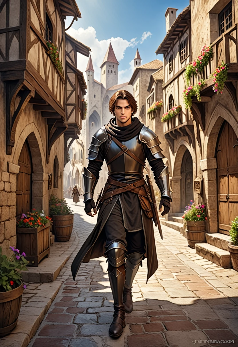 medieval fantasy setting, medieval city, thief human race Mediterranean features, brown hair wearing black armor