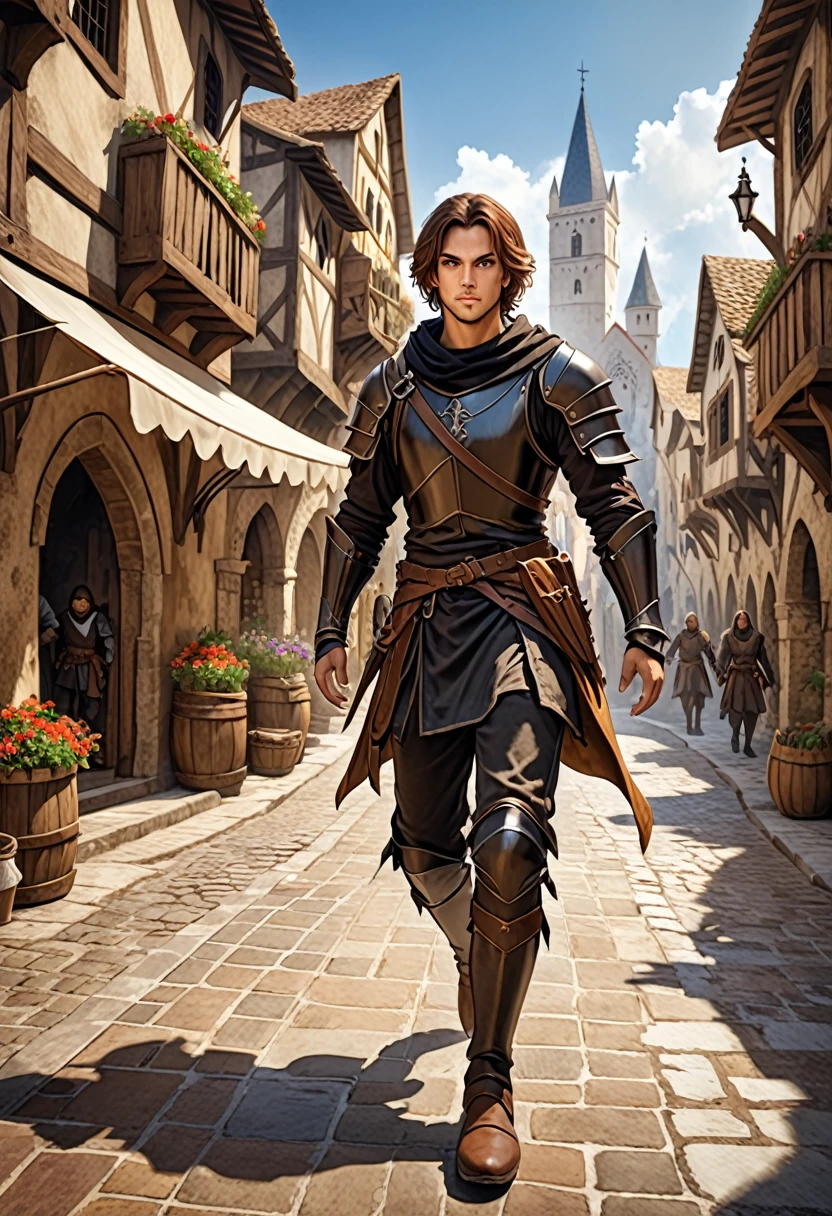 medieval fantasy setting, medieval city, thief human race Mediterranean features, brown hair wearing black armor