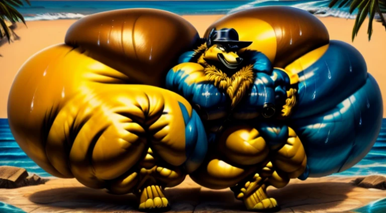 4k, high resolution, best quality, perfect lightning, perfect, solo, anthro, young, boy,golden yellow wolf:2.0, furry body, (fluffy mane:1.2), fluffy tail, male, adult, (bulky2:0, thick muscles2:0, huge muscles:2.0, hyper muscles:2.0), (thick biceps, veiny biceps, broad shoulders:2.0), (thick legs, thick calves:1.1), (digitigrade legs, 4 toes:1.2), perfect colors, (photorealistic fur, detailed fur, epic, masterpiece), (suggestive posing:1.2), (seductive smile, lustful grin 1.3), detailed beach,detailed wolf eyes:2.0, by k0suna, by darkgem,nipple ring,hyper arms:2.0,veins,white body,golden yellow fur,hyper butt:2.0,hyper paws:2.0,standing,thick legs,thick butts:2.0,sweat body:2.0,massive butt:2.0,black hat,hyper ass:2.0,huge ass,long legs,juicy butt:2.0,butt like a wall