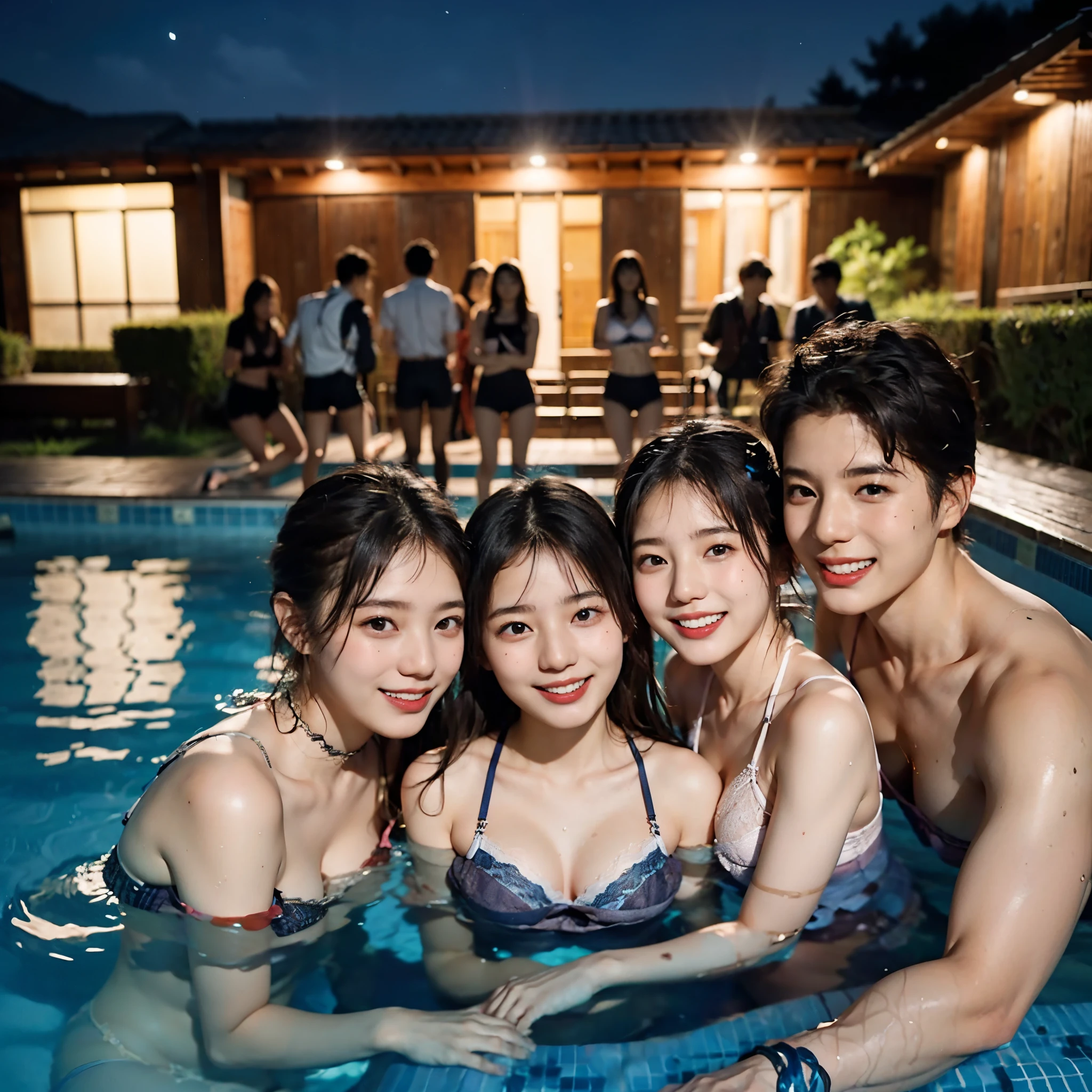 a group of over 6 high school students, boys and girls are mixed, a selfiephoto, (in an luxurious night pool), (everyone smiling), best quality, masterpiece, looking up at the camera, (everyone in their beige underwear), (((girls wearing see-through lace lingerie and beige lace stockings)))