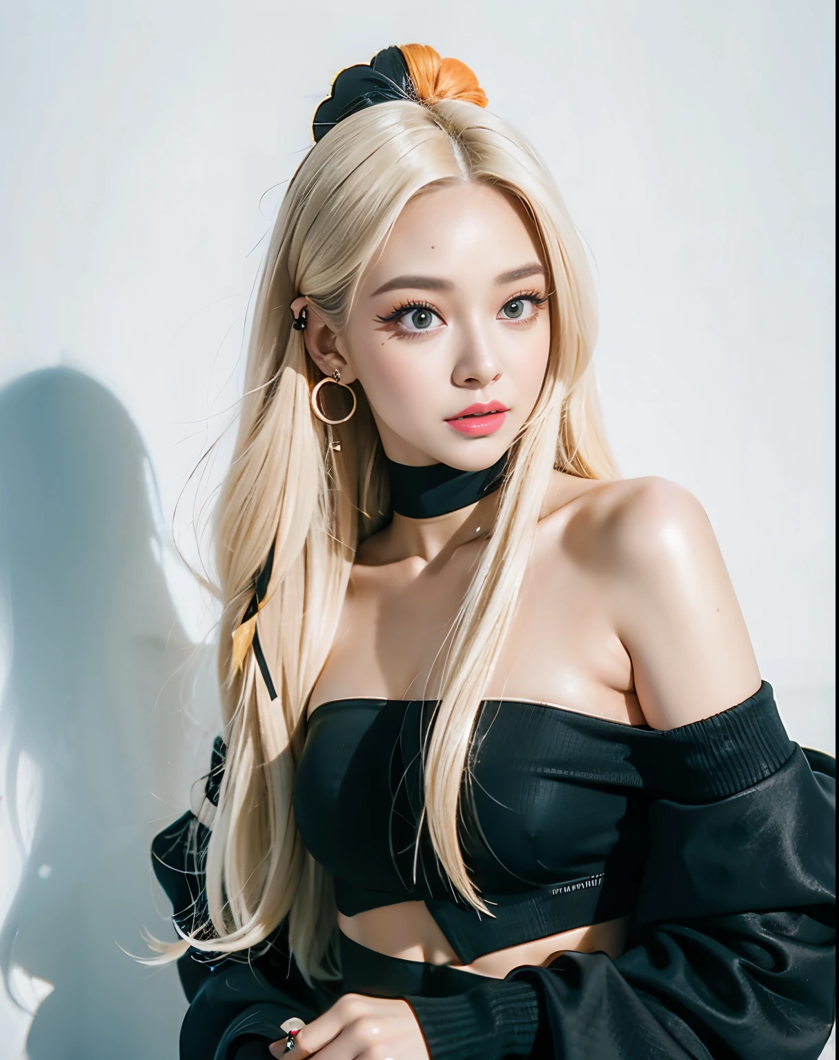 um Close up de uma mulher with long blonde hair usando um vestido, Avamax, her hair is white, with long white hair, Portrait of Blackpink Josh, with long white hair, Blackpink Roseanne Park, with long blonde hair, That person has blonde hair, Larisa Manoval, 아주 with long blonde hair, Josh is Blackpink, Cl, leaked image