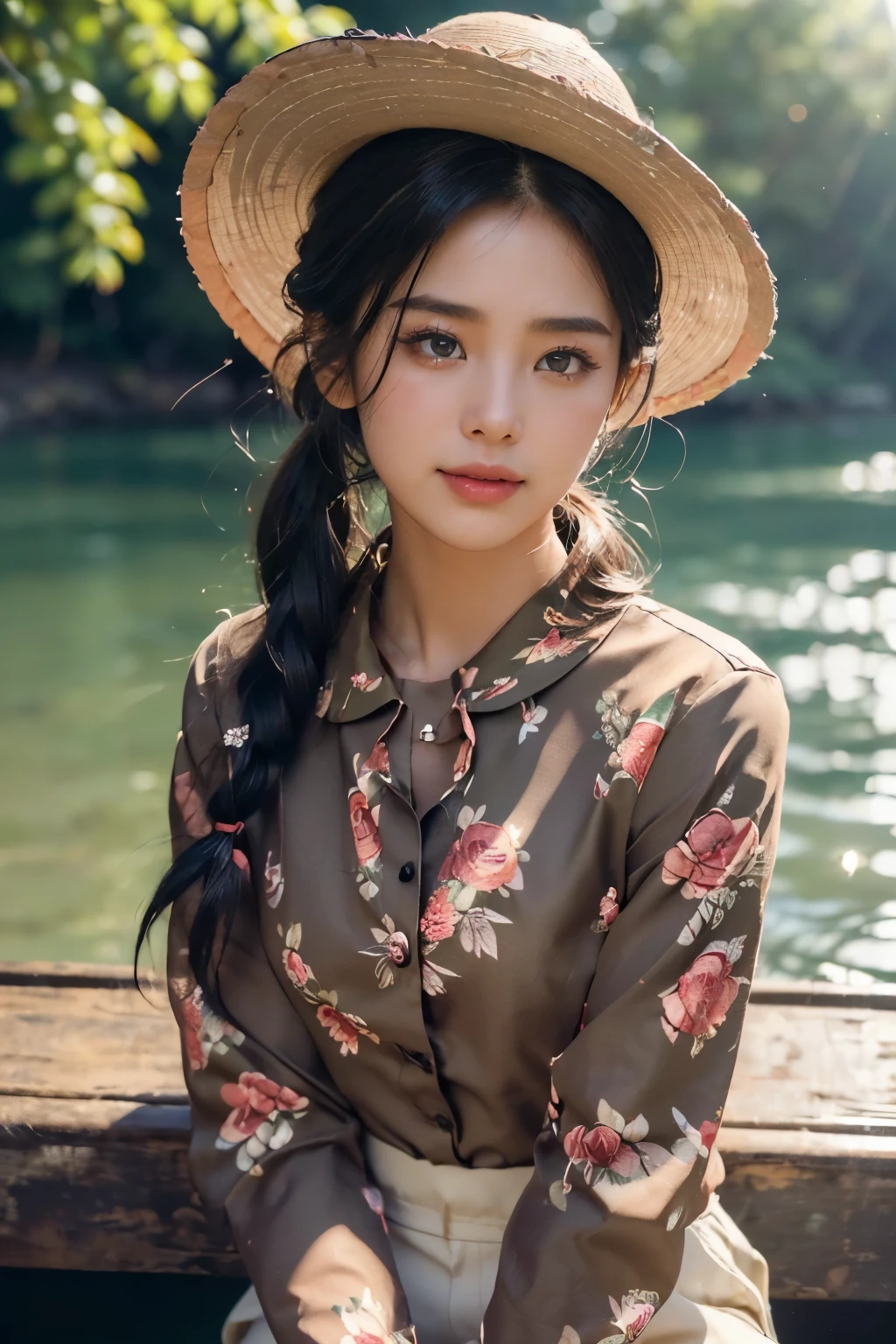 (Really meticulous CG),(((8K))),wallpaper,((Incredibly stylish and beautiful)),(((masterpiece))),(((best quality))),(((ultra high resolution))),A beautiful light came on,Realistic Shading,(Smooth, flawless skin:1.5),Very exquisite facial details,(very detailed:1.5),((Beautiful girl,alone)),vietnamese hat,hat, (short ponytail:1.2),(small head:1.2),(slim 얼굴:1.2),(exquisite makeup:1.3),(happy:1.2),(laugh:1.2),(perfect body:1.1),(sun tan skin:1.5),(dark bronze skin skin:1.5),(blush:1.3),(red floral collar shirt:1.5),(long sleeves:1.2),((slim,thin)),(slim 다리:1.2),(dark green pants:1.3),(from the front:1.3),(seat:1.3),(on a small fishing boat :1.3),(River:1.5),(outdoor:1.2),(early spring:1.3),(Daytime Scene:1.5),(bright afternoon sunlight:1.3),(upper body:1.3)