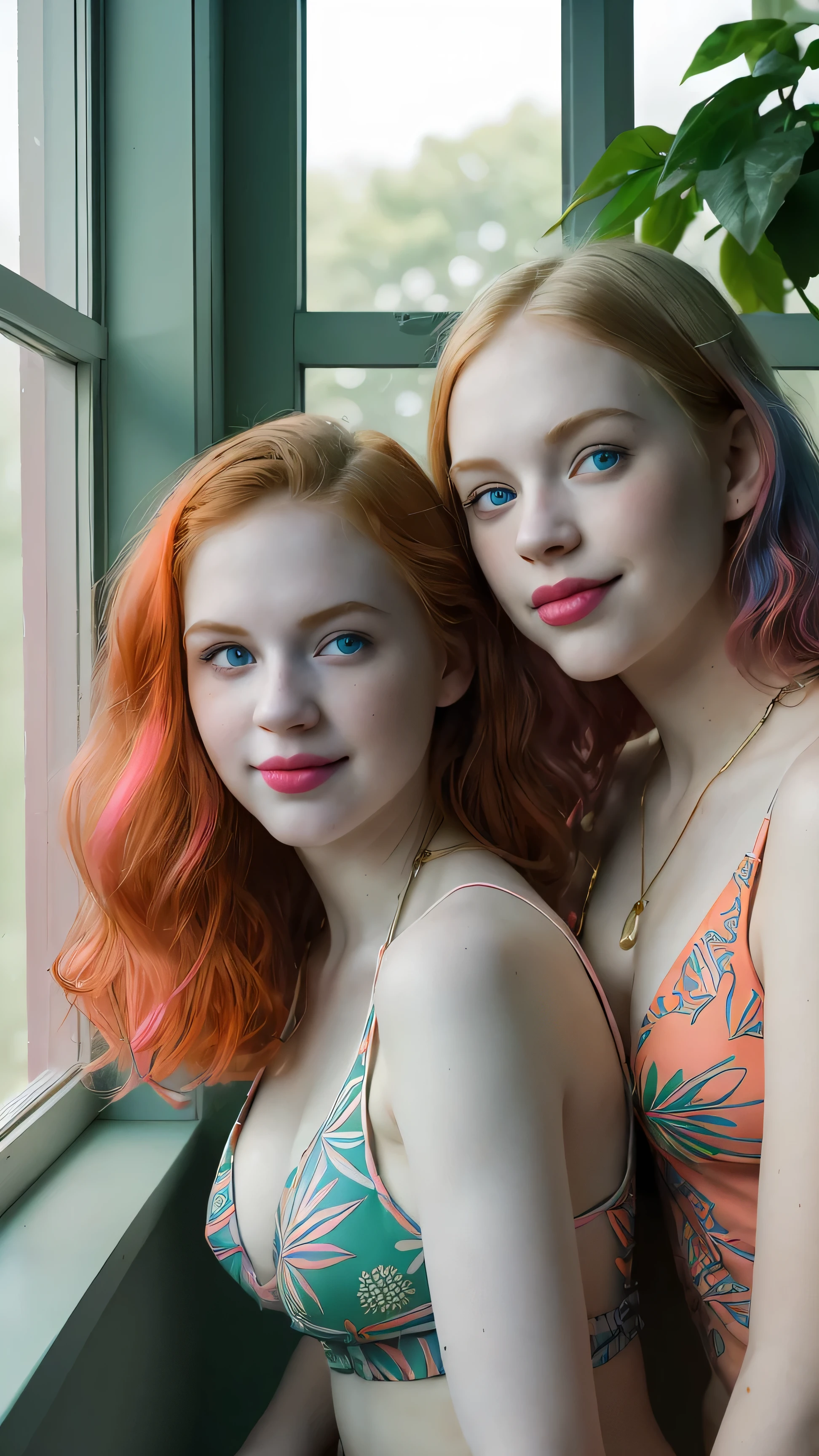 Analog portrait, chiaroscuro technique on illustration of a couple of 2girls(18 yo, large breasts, blue eyes, soft makeup, {puffy lips(bold{pink/cherry-red}lips)}, curly redheaded hair, {very pale-skin}, slightly plump yet fit physique, very pale skin(porcelain skin),{barefoot}:0.9573).
(they are dressed in a revealing & daring micro-bikini({green&pink/ blue&orange}-(herb-printed design attire):1.1973), gold-wide chains.
(They have{smile, pout, smirk} face expression, posing(against the window)bent knee, her hands holding a colorful-plastic-bags:1.123735), looking at the viewer.
In a empy-room setting(back-walls, natural light, ceiling windows, lush plants), sunny day(natural light), vivid colors, Canon EOS R6, 24-70mm lens, natural lighting, high-dynamic-range imaging. (CLOSE UP SHOT))