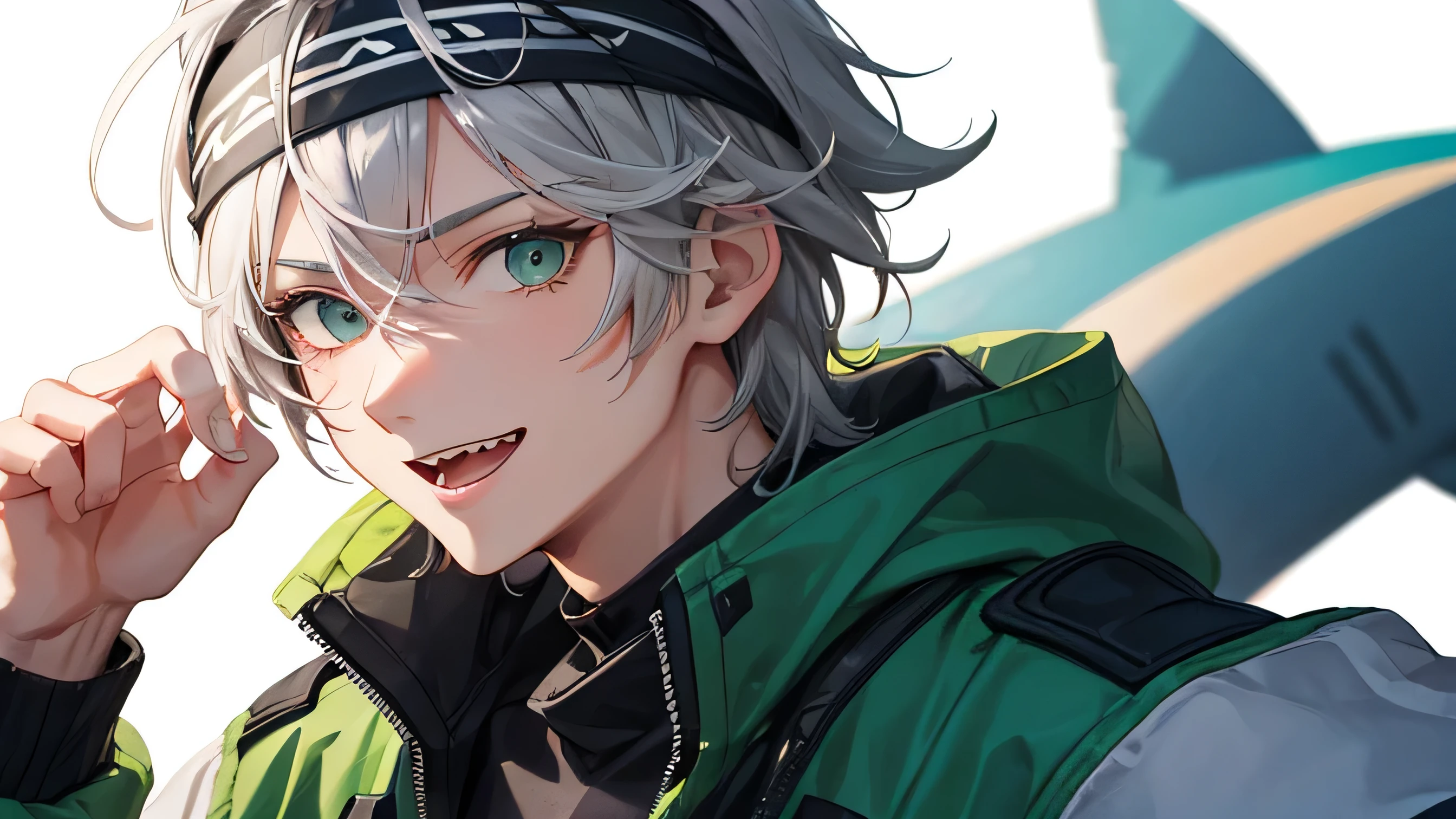 A close up person in jacket, best quality illustration of a gray-haired male character with a Korean hairstyle and headband, and green eyes, brownish skin and have shark tooth. His personality is cheerful and he is interested in adventures.