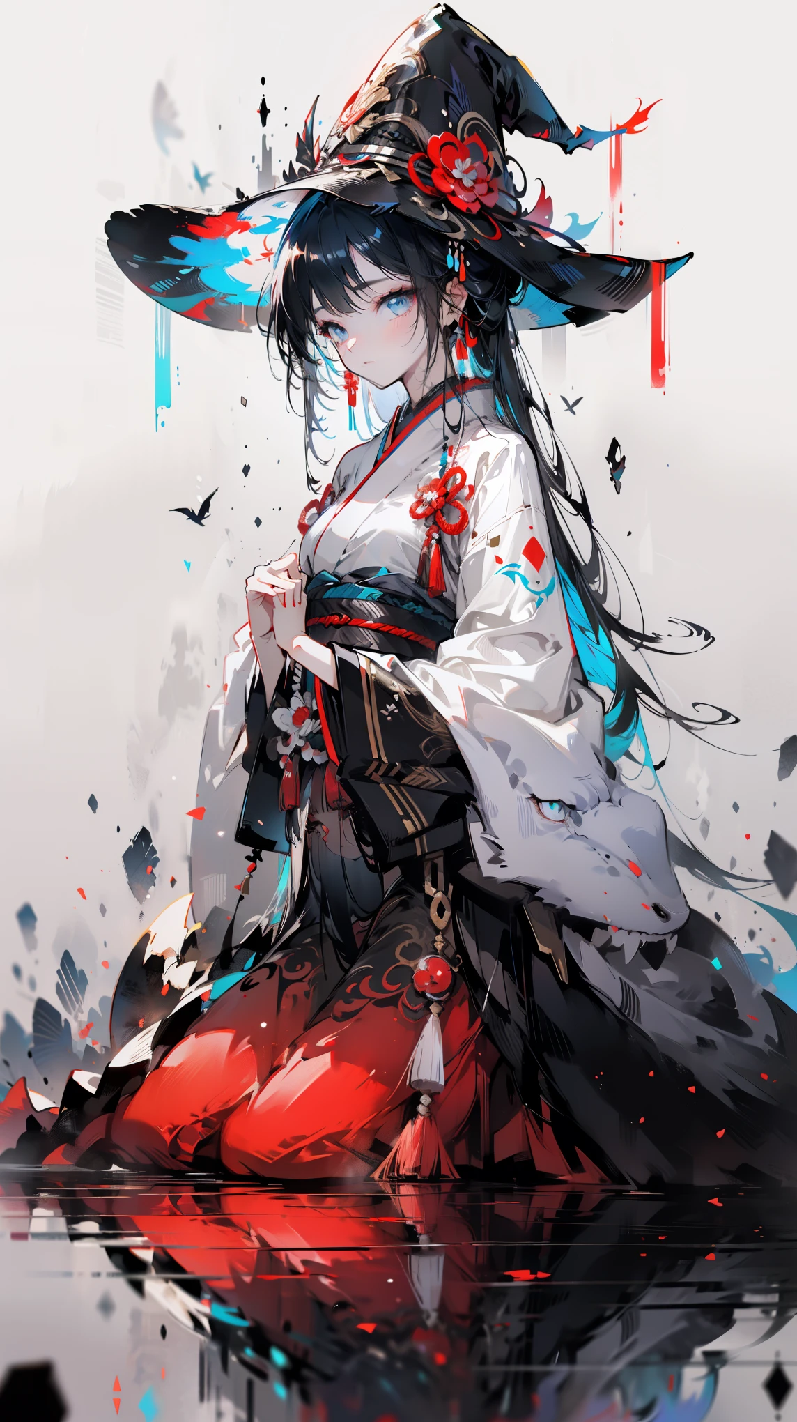White background, Blue Skirt,Solo Woman, Solitary, ((Kneel down)), ((Kneel down on white glass surface)), (at the lowest limit, Tiny), (White background), (Witch Hat), Long gray hair, Looking at the audience, panoramic, Vision, From the night of the Ark, Hot topics on artstation pixiv, ARK Knight, Digital Art on pixiv,Onmyoji Detailed Art, Japanese anime fantasy illustration, anime art wallpaper 8 k, Sky Witch, Oriental Dragon, Pixiv Style, Anime Art Wallpaper 4K, Anime Art Wallpaper 4K, (Clean background), Ink painting style,Clean colors,Decisive cuts,large areas of white space, space, space,masterpiece, Super refined,Epic Works,high quality,Best quality,4k