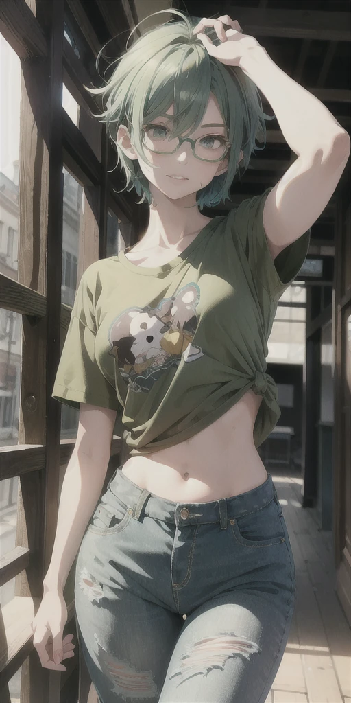 Masterpiece, best quality, 1girl, solo, 23 years old, adult, teal and green hair, messy hair, asymmetrical hair, ahoge, very short hair, aqua eyes, medium breasts, toned, 167cm, pale skin, glasses, grin, olive green shirt, jeans, midriff peek,