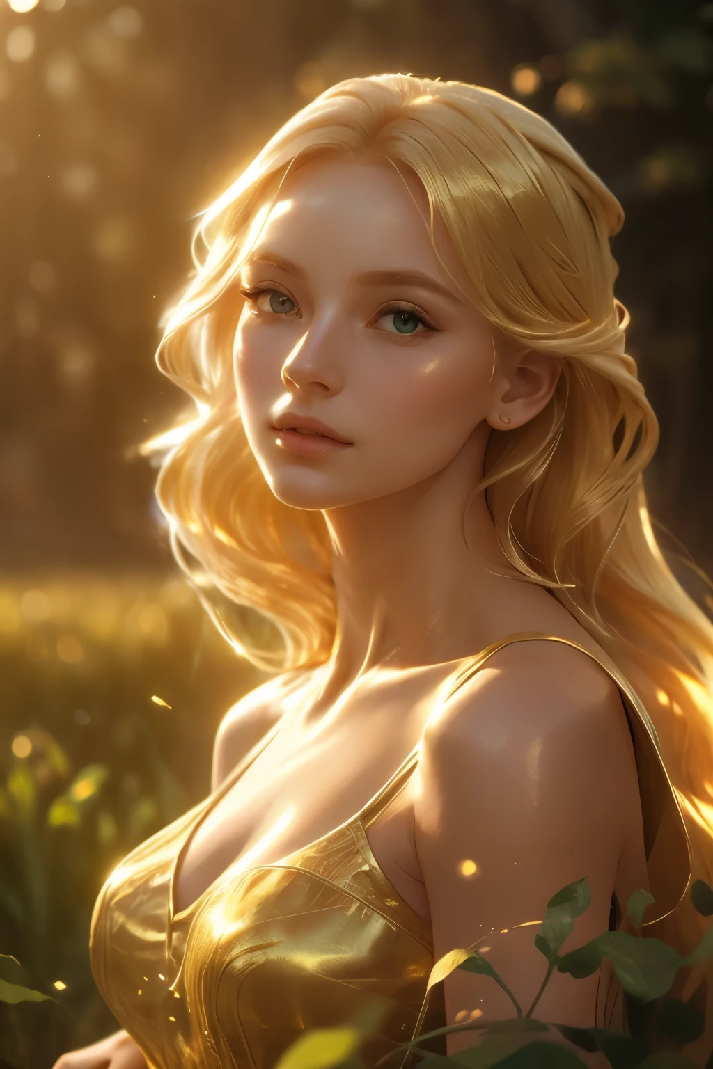 a beautiful blonde woman, detailed eyes, detailed lips, extremely detailed face, long eyelashes, elegant dress, graceful pose, sunlight, serene meadow, lush greenery, golden hour, warm color palette, cinematic lighting, photorealistic, 8k, high resolution, masterpiece, digital art