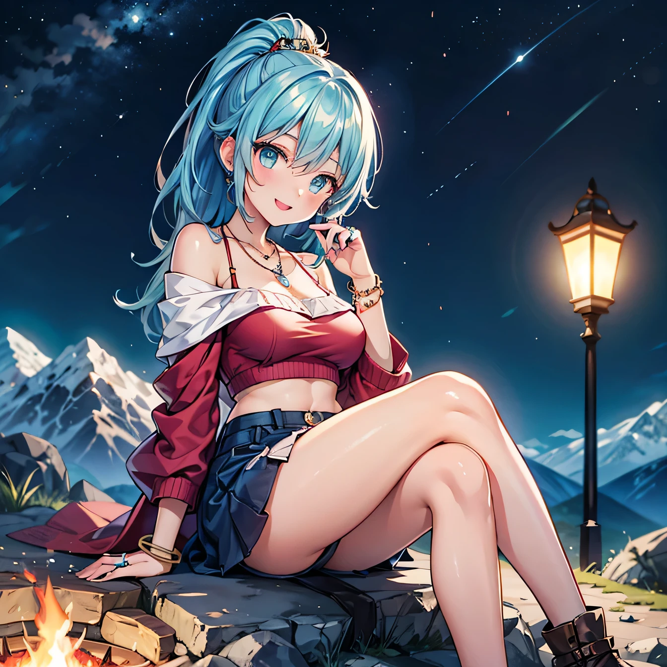 Anime Moe Art Style,highest quality,High resolution,Anatomically correct,One Girl,Mid-s,A girl with light blue hair in a ponytail,Super detailed,Fantasy World,Off-the-shoulder tops,mini skirt,Big Breasts,A rich expression,A big smile,night,In the mountains,Sitting on the ground with legs crossed,campfire,Eyes drawn in detail,hair ornaments,necklace,bracelet,ring,8K