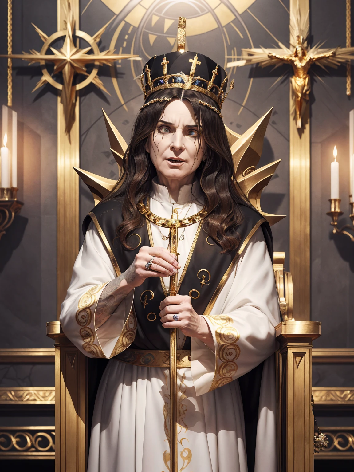 Ozzy Ozbourne as a Catholic Pope in a stoic pose; ((Traditional Catholic Pope outfit)); standing; ((Traditional Catholic style)); ultrarealistic skin, ultrarealistic face; ultrarealistic body; ((ultrarealistic gold ornaments)); detailed skin; ultra detailed eyes; ultra detailed face; full body symmetrical with thick lines, Fibonacci, golden ratio, 3D metal structure tessellation, neural graphic, neurons, color, love, passion, incredibly detailed, 8k, masterpiece, artstation, surreal