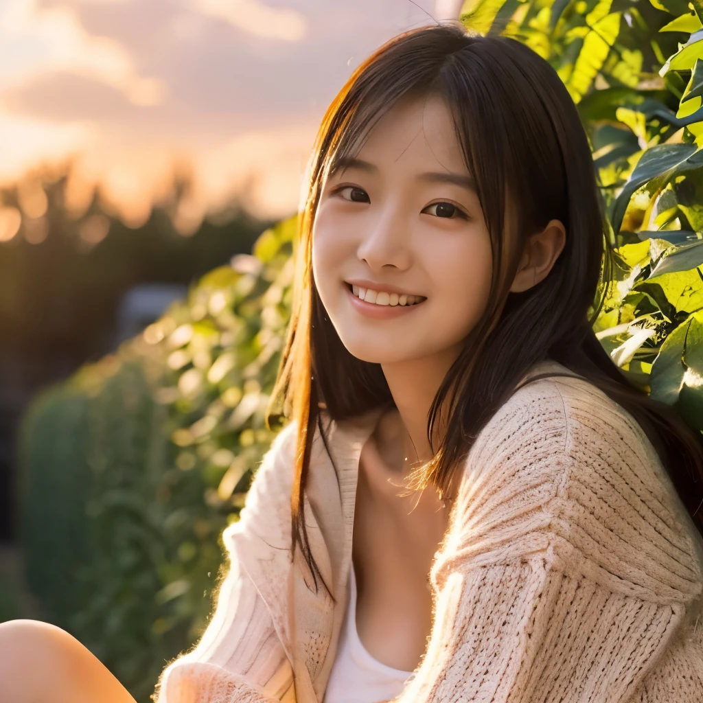 Hyperrealistic photography、highest quality, masterpiece, High definition, 16K quality, beautiful , Light brown medium hair, 明るい茶色のbeautiful目,  Knitted sweater, Plump and large breasts, Smile、Cute Japanese idol face:1.24, She is looking at the camera, Spread your legs, Cleavage:1.33,night classroom, Bright red sky, beautiful clouds in madder color,Foliage plant