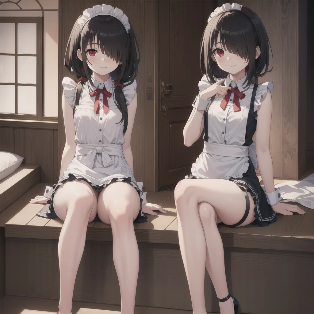 Kurokisaki, Tokizaki Kurumi, black hair, low ponytail, (hair covering one eye:1.5), (Red eyes:1.2), (small breasts:1.2), rest blush, Smile, Raise your legs high, bow, ribbon, split, decorate, apron, white Raise your legs high, wrist cuffs, maid, maid headdress, Garters, rest looking at viewer, rest indoors, floor, floorroom, rest (masterpiece:1.2), best quality, High resolution, unified 8k wallpaper, (illustration:0.8), (Beautiful and delicate eyes:1.6), extremely detailed face, perfect lighting, Extremely detailed CG, (perfect hands, perfect anatomy),