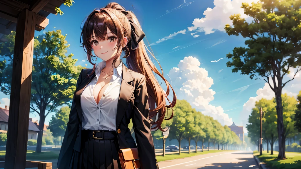 1girl, full body, solo, summer, village, trees, sun, clouds, ((colorful hair)), long hair, curly hair, ponytail, large breasts, ((black blazer)), button down shirt, ((white shirt)), ((short sleeved shirt)), ((unbuttoned shirt)), unbuttoning buttons, cleavage 1:3, brown eyes, skirt, smile, looking at the viewer, standing, hair ribbon, golden necklate