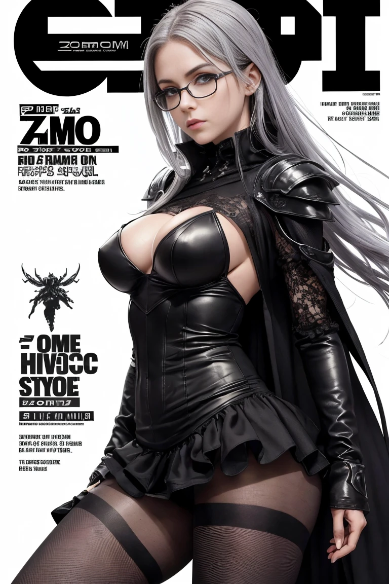 Luis Royo style in hyper HD makeup, the scene unfolds with the participation of a 46-year-old girl, full-length, (long full-body shot: 1.1), ((tights:1.2)) Gray hair in a black kitty print suit, in technological clothes and armor, Gothic art in the style of anime cyberpunk, Gothic ninjas, mesh clothes, clothes in the style of Gothic rave and cyberpunk, leather clothes in the form of a spider web, illustrations, (cover of zoom magazine: 1.3)(magazine: 1.3), (cover style: 1.3), the movie "Alien", full body, (full body long shot: 1.1), (tights: 1.2) (silver hair to the waist), (glasses), ((white blouse with ruffles)) and ((black skirt)), (medium breasts), blue eyes, (soft backlight), realistic, masterpiece, highest quality, glare, shadow, bloom, horror, survival, post-apocalyptic
