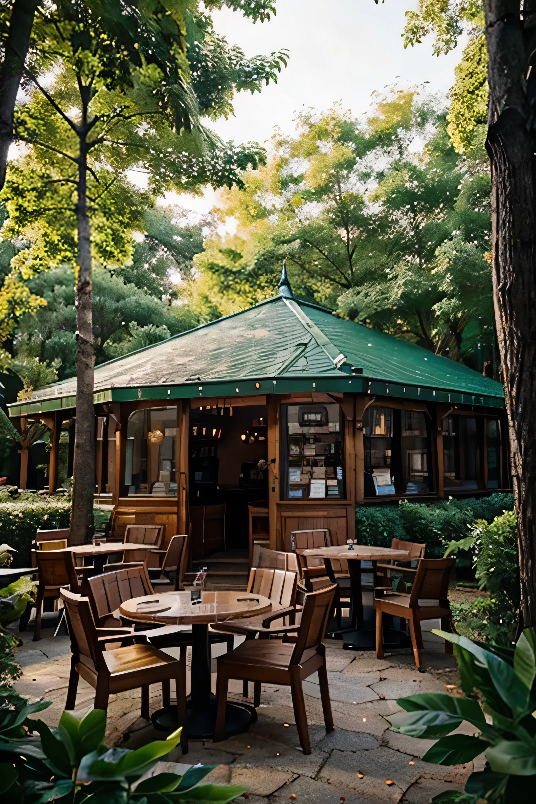 Magical cafe surrounded with trees