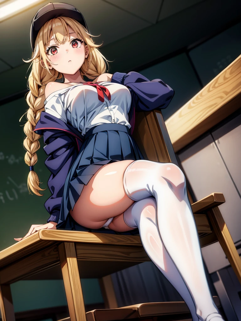 a cartoon woman in top that crosses her legs on a chair while sitting, 1girl, twin braids, solo, braid, breasts, skirt, thighhighs, on desk, sitting, underwear, panties, large breasts, long hair, shirt, white shirt, desk, indoors, pleated skirt, white panties, hat, baseball cap, looking at viewer, jacket, blush, blonde hair, from below, blue skirt, off shoulder, long sleeves, red eyes, black thighhighs, classroom