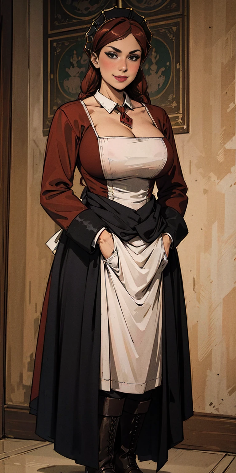 1solomilf full body standing straight symmetrical, lustful smirking smile face red blush red cheeks, looking at viewer, hands inside pockets, 2long braids, maid headdress, maid, black dress and white apron, maid dress, maid apron, long sleeves, white panty hose, long leather military boots, high thighs, long hair, masterpiece