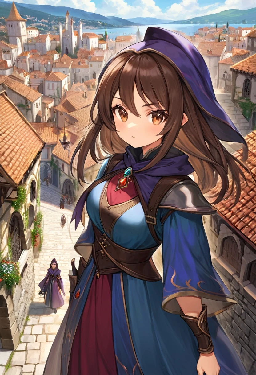medieval fantasy setting, medieval city, female human race sorceress, Mediterranean features, long brown hair wearing sorceress dress