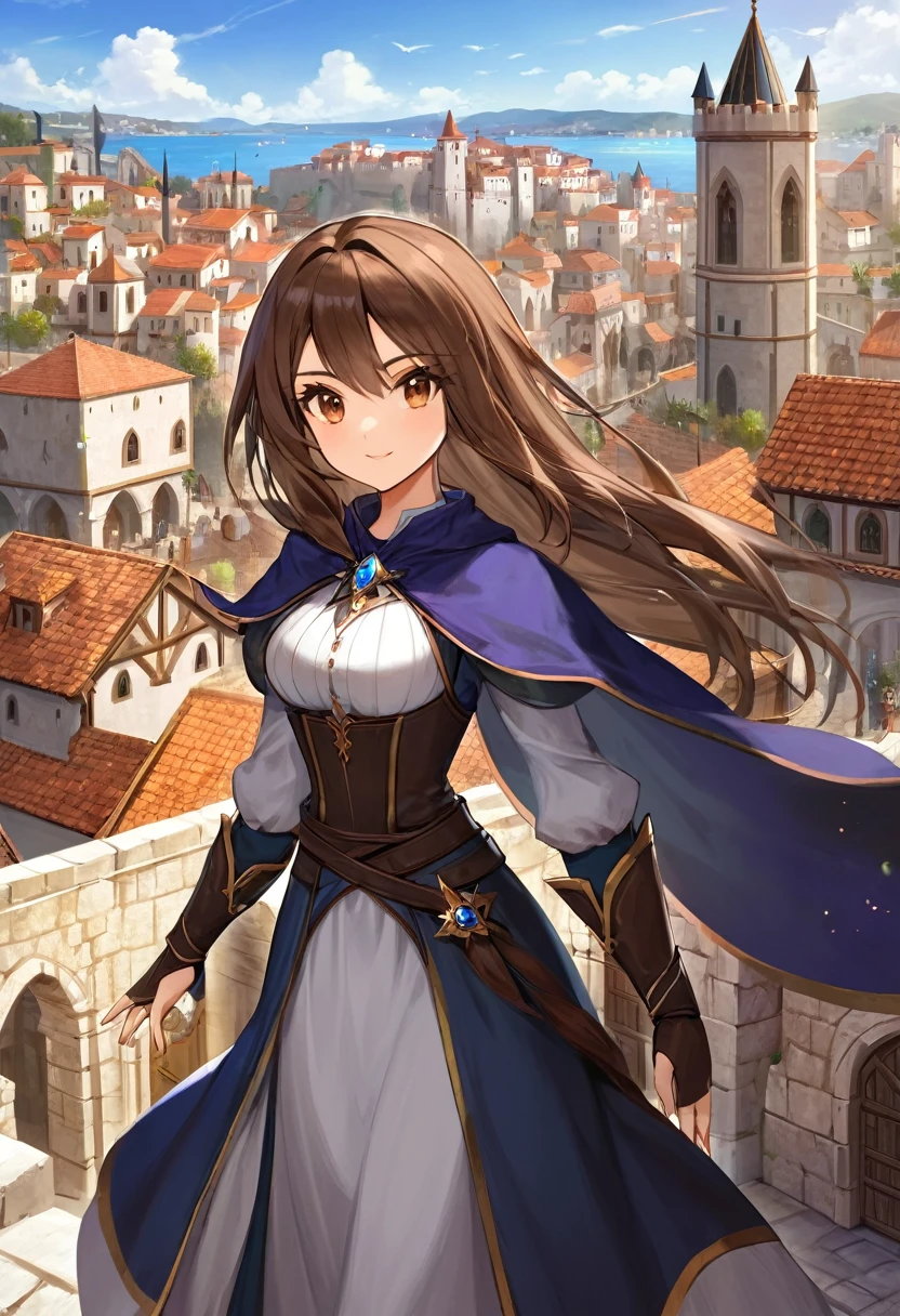 medieval fantasy setting, medieval city, female human race sorceress, Mediterranean features, long brown hair wearing sorceress dress