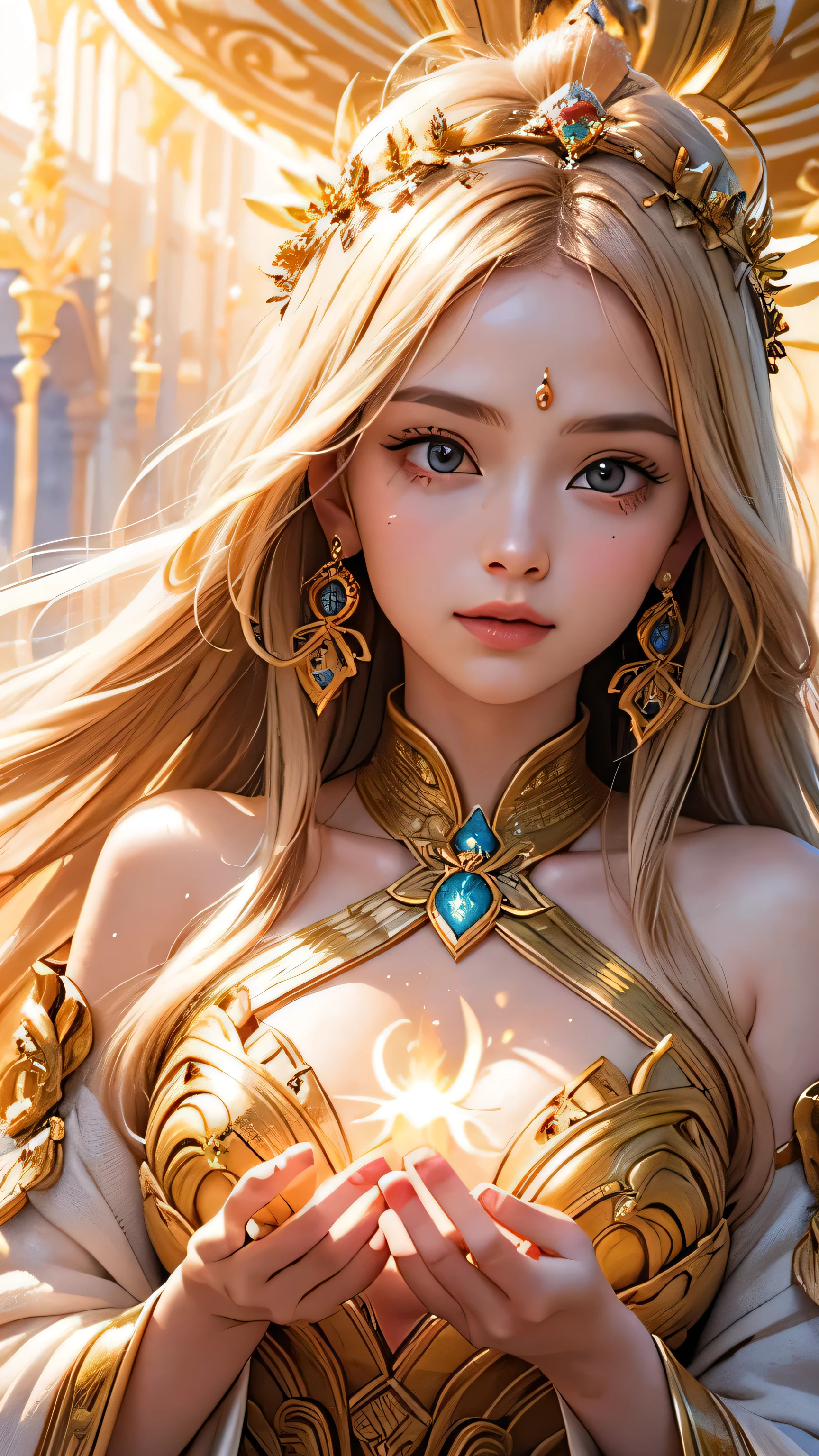 "Maiden of the Sun": Within a sacred sanctuary bathed in sunlight, depict the figure of a sun goddess, facing forward and emanating divine radiance, with golden hair, as she gazes towards us. Zoom in to focus on her face, with light orbs gleaming in her hands, representing the life-giving power of the sun. The background should be predominantly pink, evoking a sense of divine splendor. The setting is in heaven, enveloped in soft, bright light, where one can find tranquility and peace of mind, free from any trace of anxiety. Additionally, the light emanating from her hands should take the form of radiant hearts, resting gently on the palm of her hands.