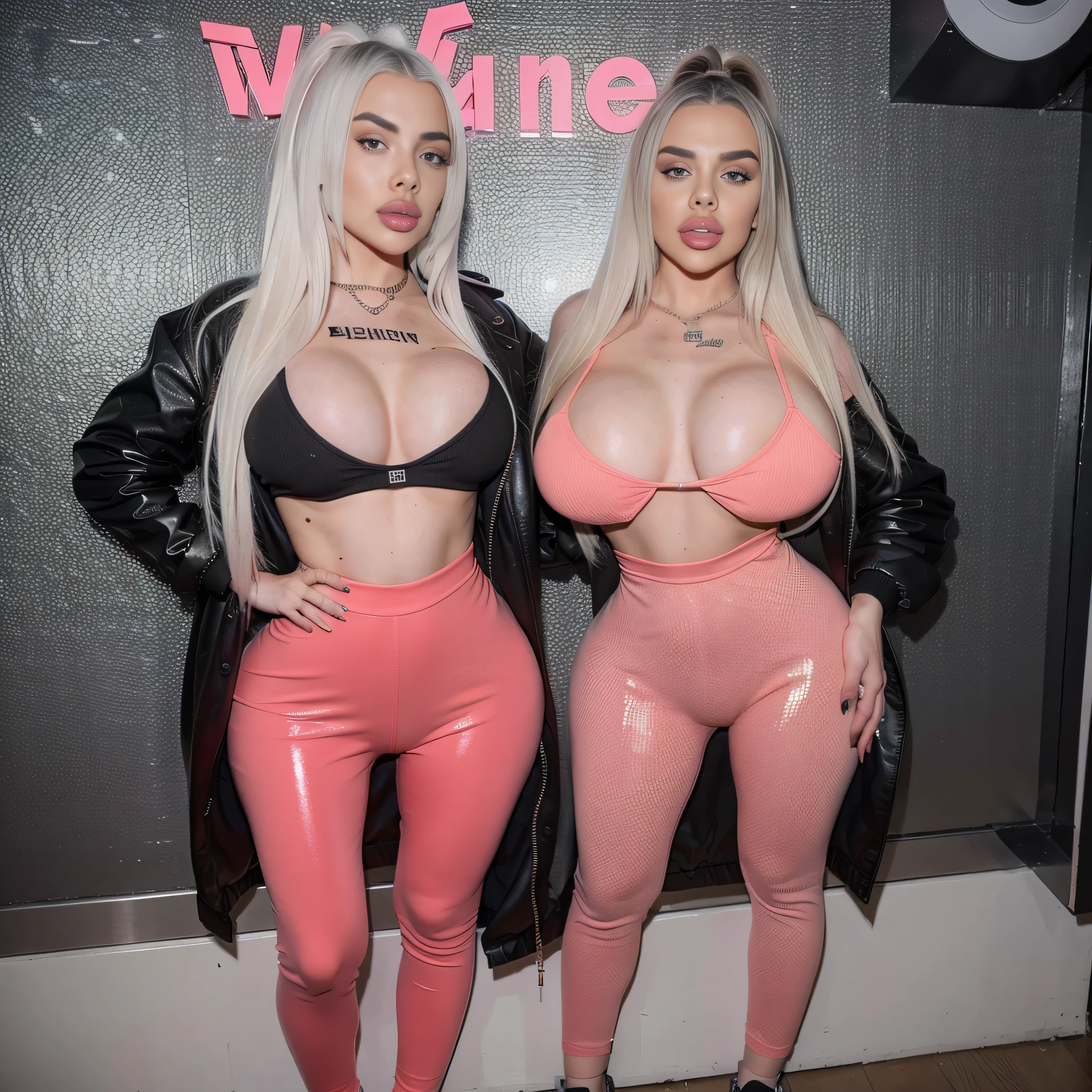Billie Eilish, insta bimbo, full body view, slim thick bimbo, wearing tight leggings and coat, sexy pose