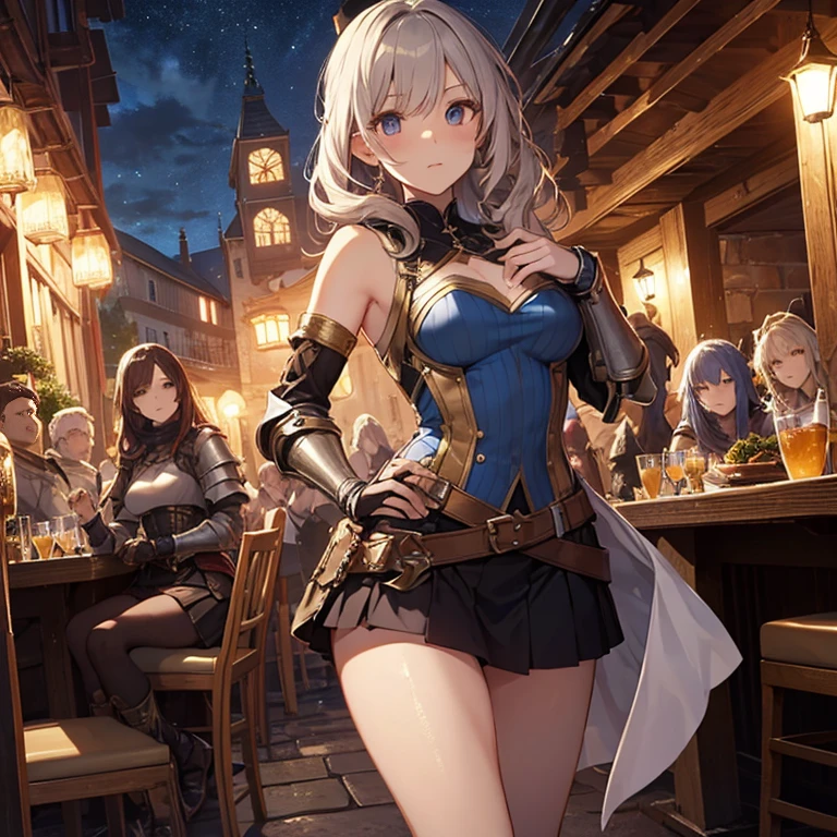 Highest quality, Official Art, masterpiece, Fabric Shading, High resolution, Very detailed, colorful, Best details, Fantasy, A group of female adventurers set in a medieval Fantasy world, (Sexy in the pub), Random Hairstyles, Harem, night, detailed aspects, Short mini skirt, Seduce, armor, Showing race&#39;s panties, Medium chest, Big Ass, skinny,Pull up her skirt,