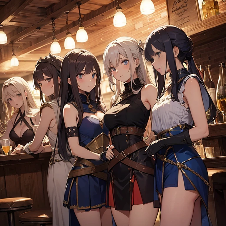 A group of female medieval fantasy adventurers, (in tavern), various hair styles, harem, night, details face, short skirt, seducing, sleeveless, armor