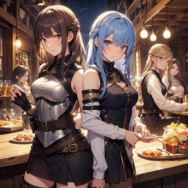 A group of female medieval fantasy adventurers, (in tavern), various hair styles, harem, night, details face, short skirt, seducing, sleeveless, armor
