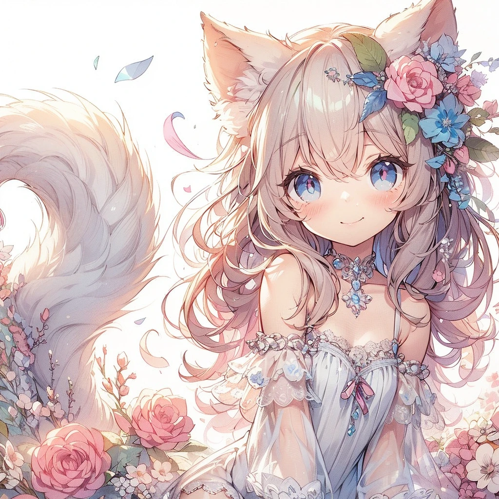 (Exquisite, beautiful, Very detailed, masterpiece, high quality,High resolution),(Well-formed face,Soft and thin lines: 1.2, Beautiful and delicate illustrations with a mature and transparent feel),Beautiful flowers々Petals fluttering,A very small girl with fluffy, soft cat ears and a thin, long, flexible cat tail is meowing sweetly.,She is wearing off-the-shoulder, fluffy, soft clothes with lace, frills, and ribbons, and knee-high socks.,(Short eyebrows and pale pink blush, Plump pink lips,A small nose, a cat-like mouth with sharp Japanese fangs visible when smiling, and cat-like eyes.,She has a fairly large bust, an open chest, fair skin, a nice body, and a long, slender cat's tail.,),Dynamic angles with vibrant colors and striking colors,The American shorthair has a fluffy, soft coat., Meow!