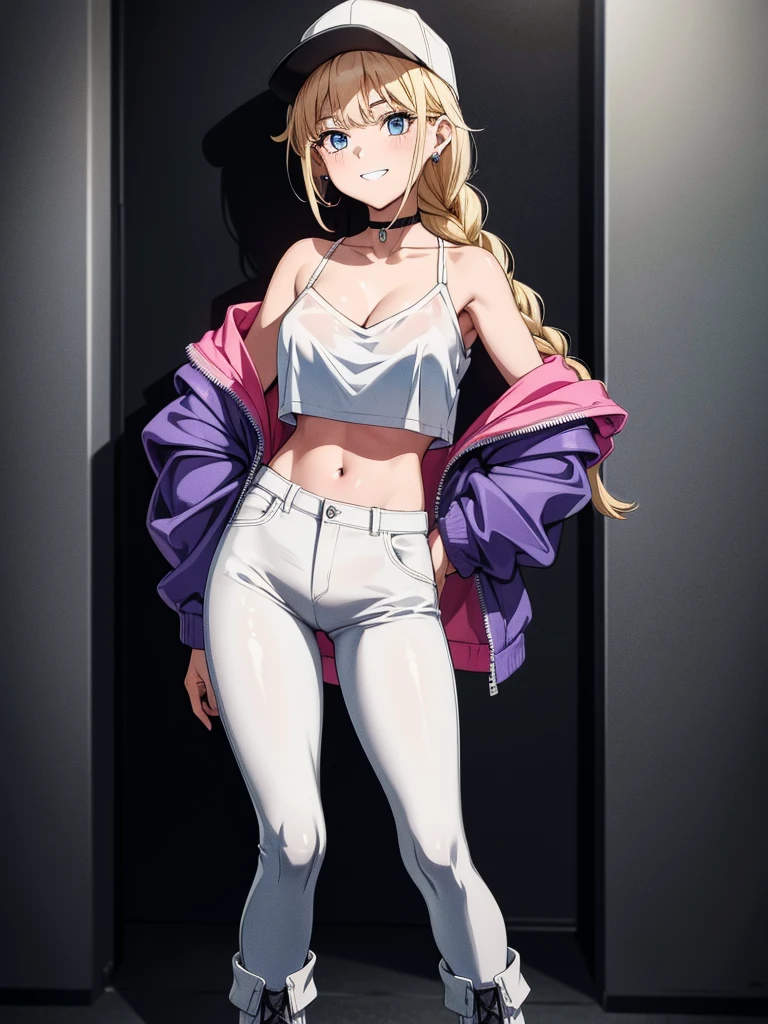 (((grayscale)))(masterpiece:1.2, best quality), (graffiti wall:1.15), super fine illustration,vibrant colors, masterpiece, sharp focus, best quality, depth of field, cinematic lighting,ultra detailed,1girl, leaning against wall, large breasts, solo, white pants, white crop top, white jacket, long hair, navel, red eyes, off shoulder, choker, smile, jewelry, looking at viewer, earrings, open clothes, blonde hair, cleavage, grin, midriff, bare shoulders, collarbone, sleeveless, standing,,more_details:-1, more_details:0, more_details:0.5, more_details:1, more_details:1.5,eiko tsukimi, blonde hair, blue eyes, braid, twin braids, long hair, baseball cap, multicolored jacket, white shirt, shorts, (pantyhose), medium boots