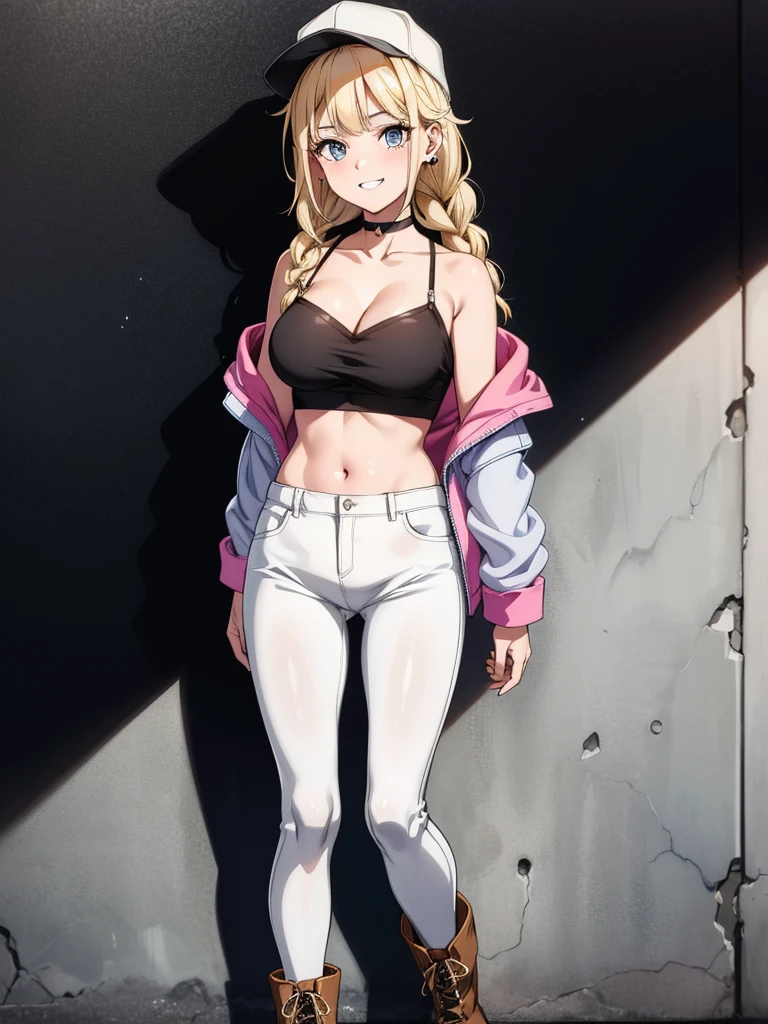 nsfw,(1woman,solo),cowboy shot,(white underboob tank top:2.0、Navel exposed、leather jacket、tight mini skirt、sweat:1.5),20 year old beauty、blonde hair,long hair,blue eyes、,shy look、(smaller head:1.4,skinny,large breasts,gleaming skin),New York Boulevards、Best Quality、Unity 8k Wallpapers、32K、 masterpiece、ultra-detailliert、High resolution,Perfect Anatomy,best cellanime),(natural soft light,Detailed beautiful face and eyes,