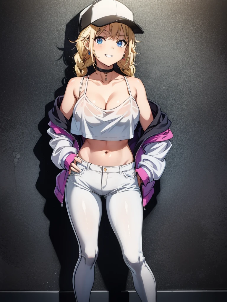 (((grayscale)))(masterpiece:1.2, best quality), (graffiti wall:1.15), super fine illustration,vibrant colors, masterpiece, sharp focus, best quality, depth of field, cinematic lighting,ultra detailed,1girl, leaning against wall, large breasts, solo, white pants, white crop top, white jacket, long hair, navel, red eyes, off shoulder, choker, smile, jewelry, looking at viewer, earrings, open clothes, blonde hair, cleavage, grin, midriff, bare shoulders, collarbone, sleeveless, standing,,more_details:-1, more_details:0, more_details:0.5, more_details:1, more_details:1.5,eiko tsukimi, blonde hair, blue eyes, braid, twin braids, long hair, baseball cap, multicolored jacket, white shirt, shorts, (pantyhose), medium boots