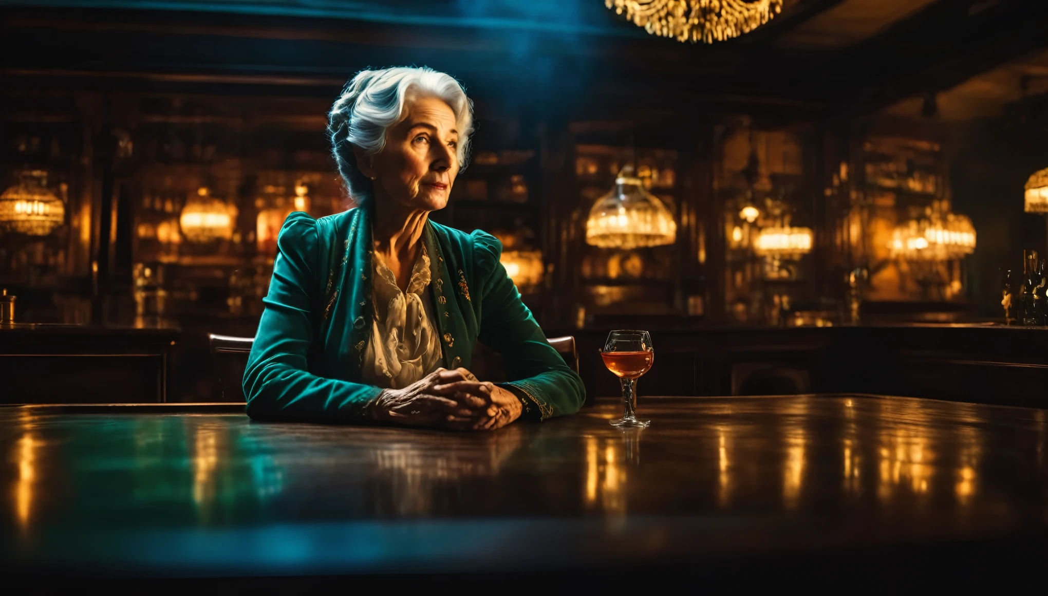 Thin elderly woman, Night Bar,Wooden countertop,Background Movies, Ultra-realistic, ultra detailed Ultra-realistic, Realistic, Studio Lighting, reflection, Dynamic pose, Cinematic, Historical accuracy, Color Grading, photograph, Shot with a 50mm lens, Ultra Wide Angle, Depth of written boundary, Ultra-detailed, Beautiful colors, 8k