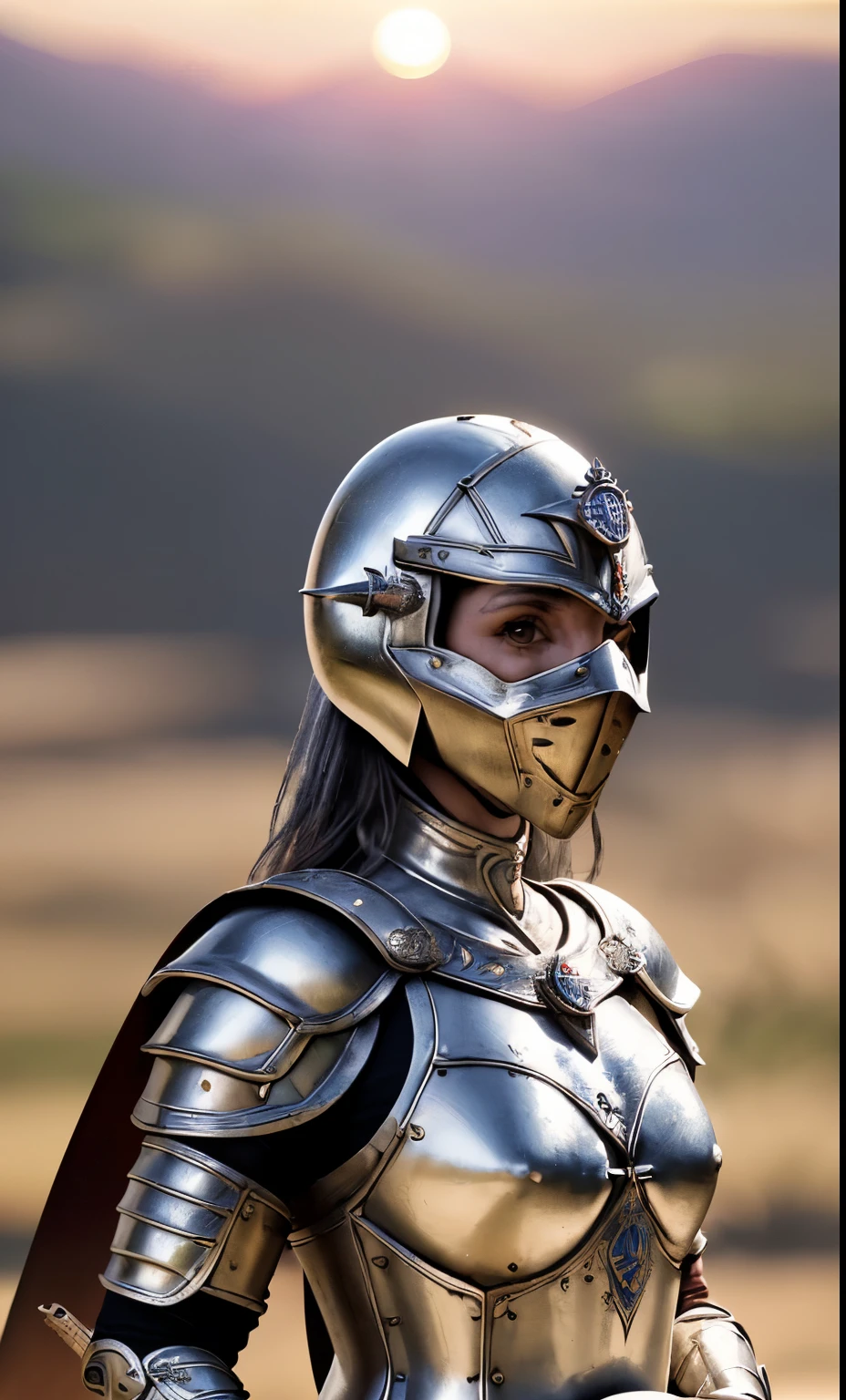 (Obra de arte), (extremamente complexo:1.3), (realista), retrato de uma , a mais bonita do mundo, (armadura medieval), metallic reflections, tronco, ao ar livre, luz solar intensa, castelo distante, fotografia profissional de uma mulher deslumbrante detalhada, sharp focus, dramatic, premiado, cinematic lighting, octano render motor irreal,  volumetric dtx, (film grain, fundo desfocado, primeiro plano desfocado, Bokeh, profundidade de campo, sunset, desfoque de movimento:1.3), cota de malha