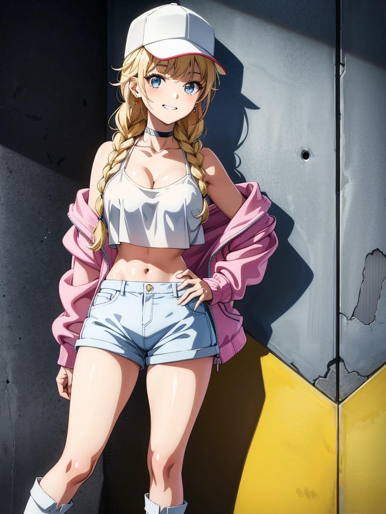 1girl, leaning against wall, large breasts, solo, white pants, white crop top, white jacket, long hair, navel, red eyes, off shoulder, choker, smile, jewelry, looking at viewer, earrings, open clothes, blonde hair, cleavage, grin, midriff, bare shoulders, collarbone, sleeveless, standing,,more_details:-1, more_details:0, more_details:0.5, more_details:1, more_details:1.5,eiko tsukimi, blonde hair, blue eyes, braid, twin braids, long hair, baseball cap, multicolored jacket, white shirt, shorts, (pantyhose), medium boots