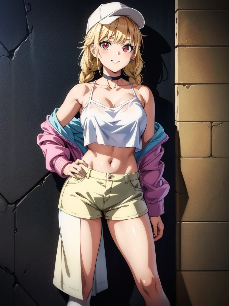 1girl, leaning against wall, large breasts, solo, white pants, white crop top, white jacket, long hair, navel, red eyes, off shoulder, choker, smile, jewelry, looking at viewer, earrings, open clothes, blonde hair, cleavage, grin, midriff, bare shoulders, collarbone, sleeveless, standing,,more_details:-1, more_details:0, more_details:0.5, more_details:1, more_details:1.5,eiko tsukimi, blonde hair, blue eyes, braid, twin braids, long hair, baseball cap, multicolored jacket, white shirt, shorts, (pantyhose), medium boots