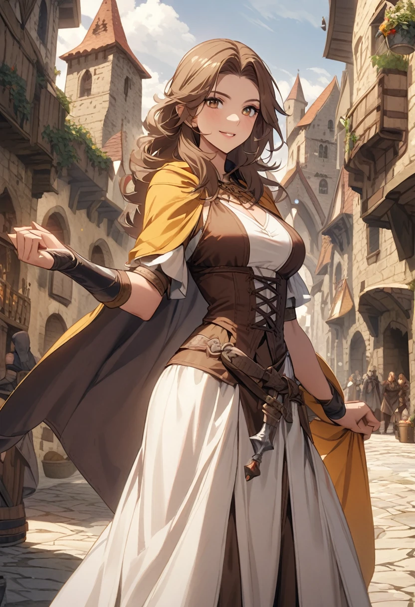 medieval fantasy setting, medieval city, female human race sorceress, Mediterranean features, long brown hair wearing sorceress dress
