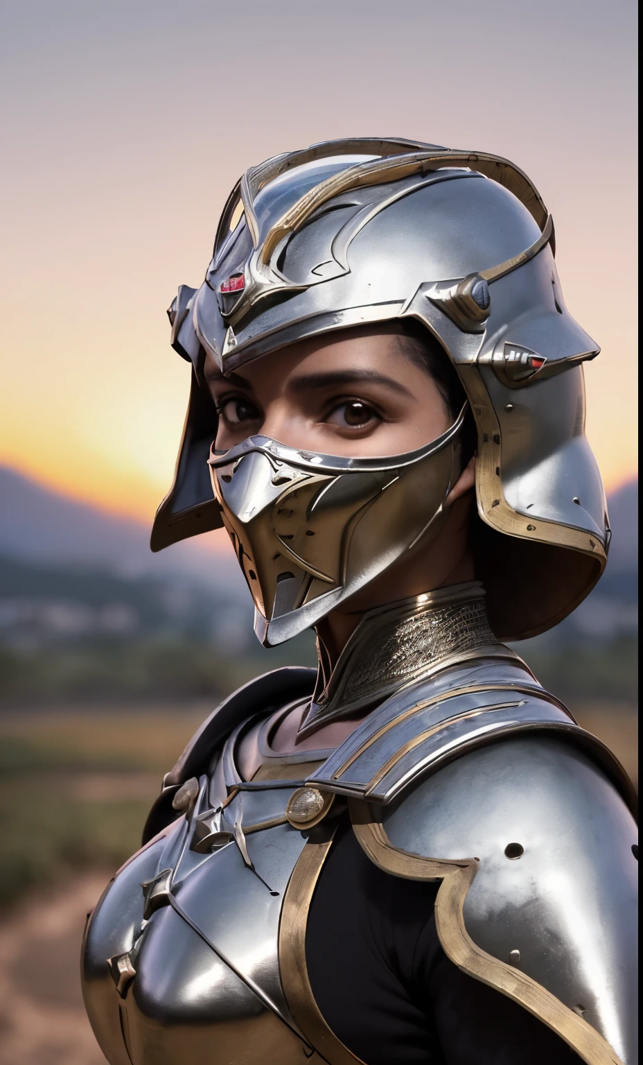 (Obra de arte), (extremamente complexo:1.3), (realista), retrato de uma , a mais bonita do mundo, (armadura medieval), metallic reflections, tronco, ao ar livre, luz solar intensa, castelo distante, fotografia profissional de uma mulher deslumbrante detalhada, sharp focus, dramatic, premiado, cinematic lighting, octano render motor irreal,  volumetric dtx, (film grain, fundo desfocado, primeiro plano desfocado, Bokeh, profundidade de campo, sunset, desfoque de movimento:1.3), cota de malha