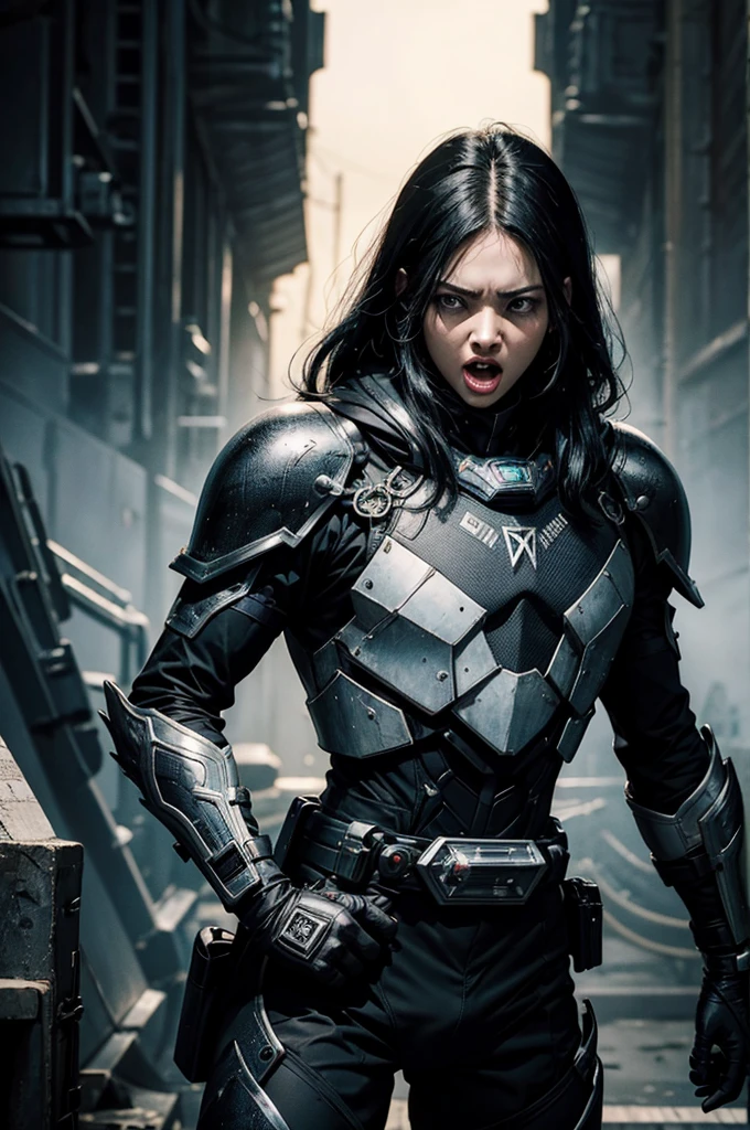 A beautiful woman with her mouth wide open in anger，Call the shots. Twenty-five or twenty-six years old.一位美丽的女人站在宇宙飞船的commanding座前，commanding. Black Hair. He is wearing a black metal combat suit, He has something similar to the Kamen Rider transformation belt hanging around his waist..