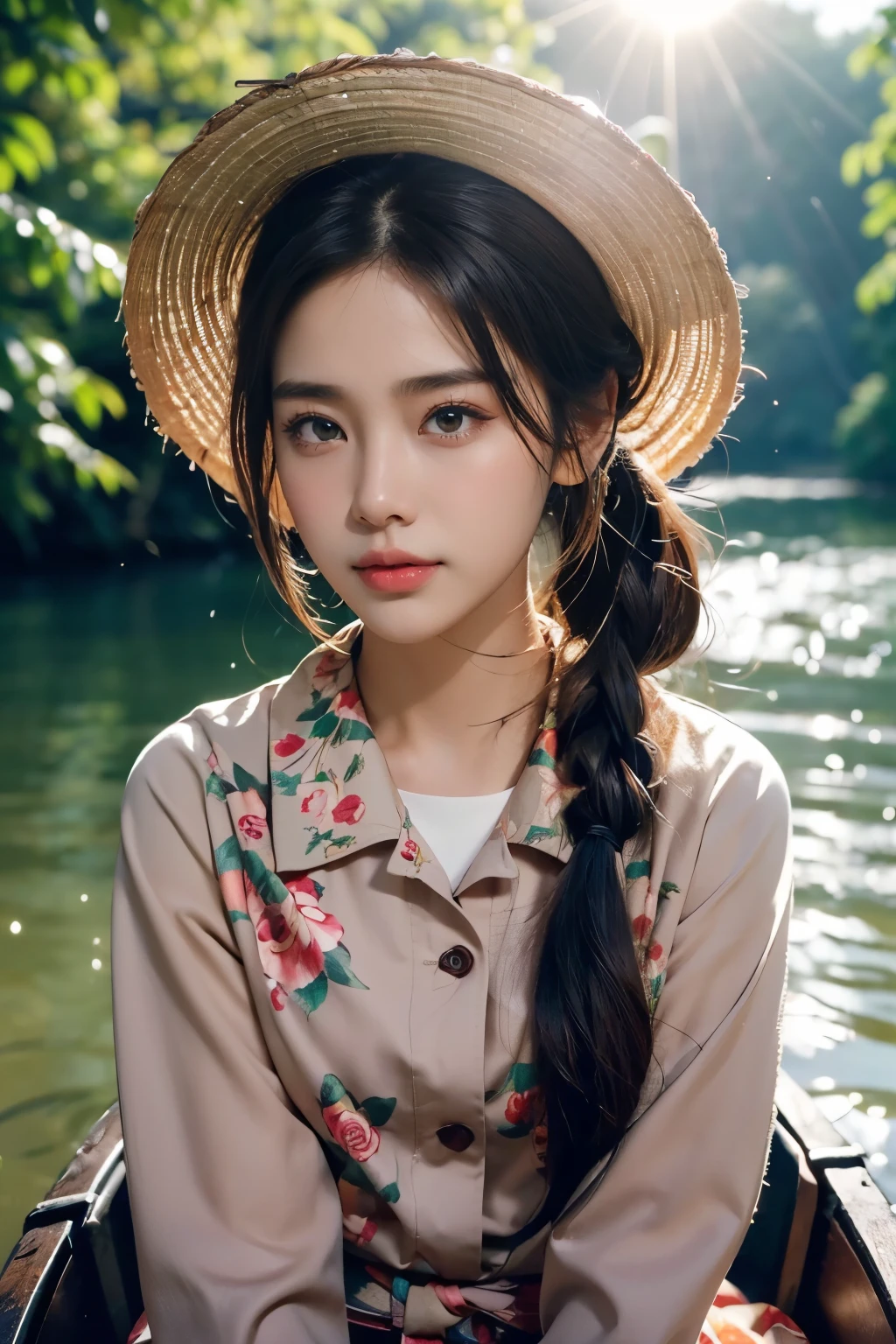 (Really meticulous CG),(((8K))),wallpaper,((Incredibly stylish and beautiful)),(((masterpiece))),(((best quality))),(((ultra high resolution))),A beautiful light came on,Realistic Shading,(Smooth, flawless skin:1.5),Very exquisite facial details,(very detailed:1.5),((Beautiful girl,alone)),Punt, Vietnamese farmer hat, Vietnamese cone hat, Nongra, (short ponytail:1.2),(small head:1.2),(slim 얼굴:1.2),(exquisite makeup:1.3),(happy:1.2),(laugh:1.2),(perfect body:1.1),(sun tan skin:1.5),(dark bronze skin skin:1.5),(blush:1.3),(red floral collar shirt:1.5),(long sleeves:1.2),((slim,thin)),(slim 다리:1.2),(dark green pants:1.3),(from the front:1.3),(seat:1.3),(on a small fishing boat :1.3),(River:1.5),(outdoor:1.2),(early spring:1.3),(Daytime Scene:1.5),(bright afternoon sunlight:1.3),(upper body:1.3)