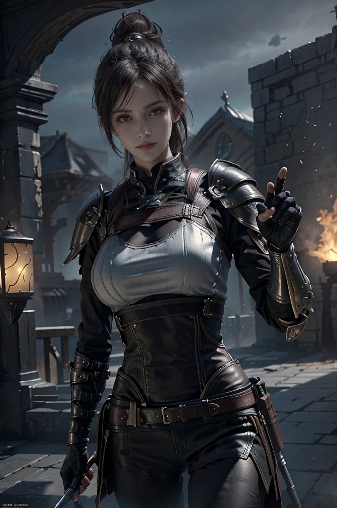 Game Art，Best picture quality，Maximum resolution，8K，(A bust photo)，(portrait)，(Head close-up)，(Rule of Thirds)，Unreal Engine 5 rendering works， (Future Girl)，(Female Warrior)， 
20-year-old girl，((hunter))，Eyes full of details，(Large Breasts)，Elegant and noble，indifferent，brave，
（Medieval style fur combat uniform，glowing magic lines，Detailed animal leather female knight，medieval knight，
Photo poses，Simple background，light，Ray tracing，Game CG，((3D Unreal Engine))，oc rendering reflection pattern