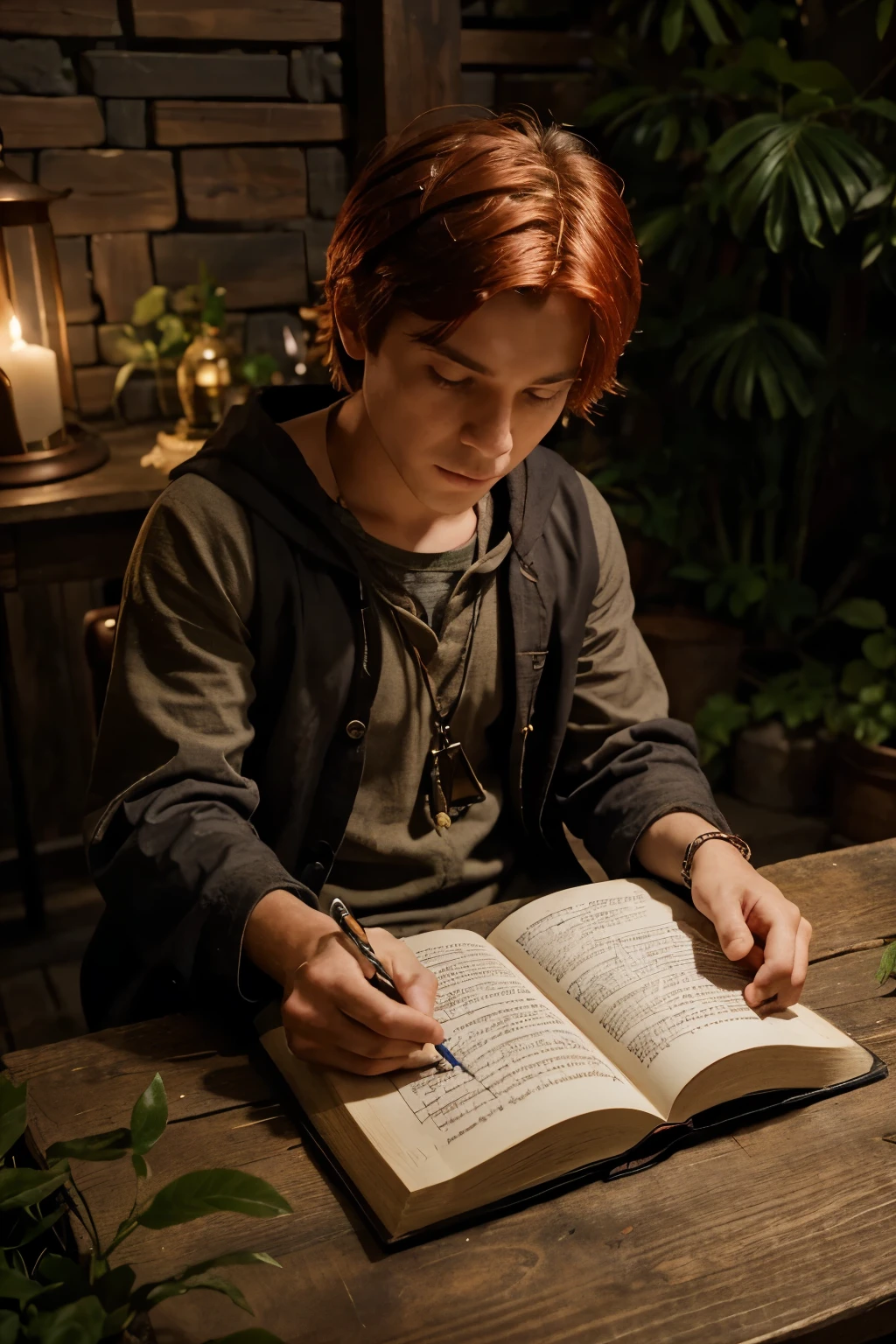 Create an image of a level 1 wizard named Zandack Reese, a forest gnome with vibrant red hair and striking red eyes. Zandack should be depicted as a young and eager scholar, showing his determination and curiosity. He wears simple but practical wizard robes that reflect his beginner status but hint at his potential.
Zandack's setting is a lush, magical forest with hints of his village's peaceful and rich natural environment. Surrounding him are elements of magical research, such as ancient books, scrolls, and mystical artifacts, indicating his dedication to learning.
His expression should be one of focus and enthusiasm, capturing his passion for magic and his determination to become the greatest wizard. Show a mix of confidence and a slight hint of nervousness in his demeanor. Include subtle indications of his journey and aspirations, perhaps a path leading away from the village or a distant view of a grand magical academy.
Incorporate elements that reflect his background: small, intricate forest details, a serene village in the distance, and a few magical creatures or glowing flora to highlight the magical richness of his homeland.
Zandack should be holding a simple but promising spellbook or staff, symbolizing the beginning of his magical journey. The overall atmosphere should be one of wonder, potential, and the early stages of a grand adventure.
