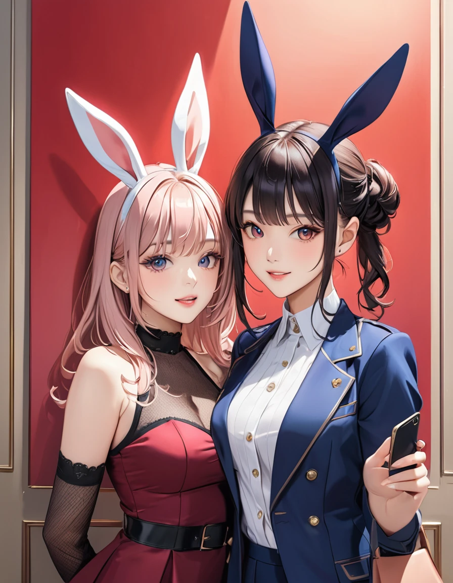 ((Trick Art, Visual illusion effect)), (masterpiece, highest quality:1.2), Three Girls, Fashion trend leaders, A girl is taking a selfie in front of a poster full of girls wearing bunny ears, (((Depicts an optical illusion image that looks like rabbit ears growing from the girls&#39; heads when viewed from a distance.)))