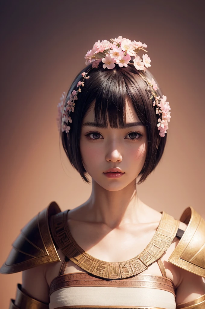 Beautiful Japan young woman, Wearing armor made of papyrus, Thick symmetry features, very short hair, Background with cherry blossoms, pink halo, red lips, Octane Rendering,